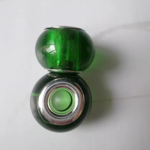 X 2 perles européen en verre vert métal argenté 15 mm 