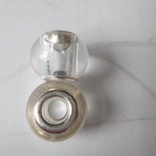 X 2 perles européen en verre blanche métal argenté 15 mm 