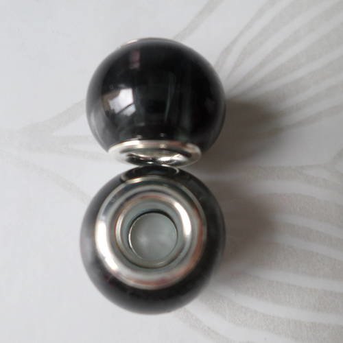 X 2 perles européen en verre gris foncé/noir en métal argenté 15 mm 