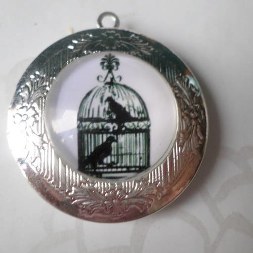 X 1 pendentif médaillon porte-photo rond à motif cage/oiseau métal argenté 36 x 32 mm 