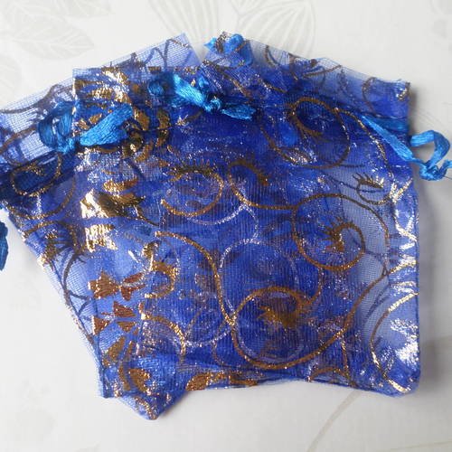 X 10 sachets/pochettes cadeaux organza bleu motif fleur doré 9,5 x 6,5 cm 