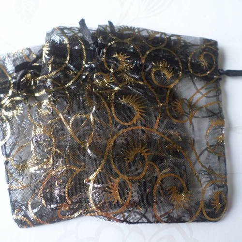 X 10 sachets/pochettes cadeaux organza noir motif fleur doré 9,5 x 6,5 cm 
