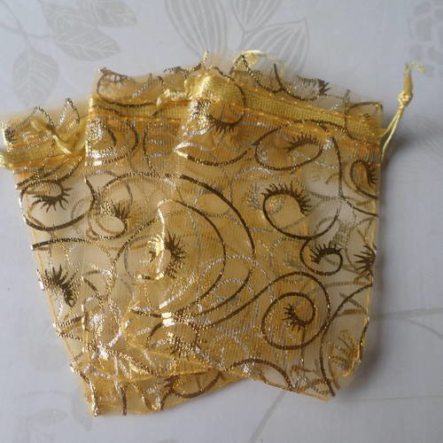 X 10 sachets/pochettes cadeaux organza doré motif fleur doré 9,5 x 6,5 cm 