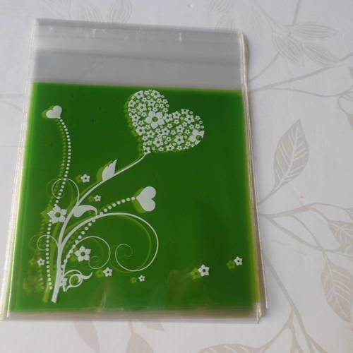 X 10 sachets/pochette adhésif vert motif coeur/fleur pour bonbon/gâteaux en plastique 14 x 10 cm 