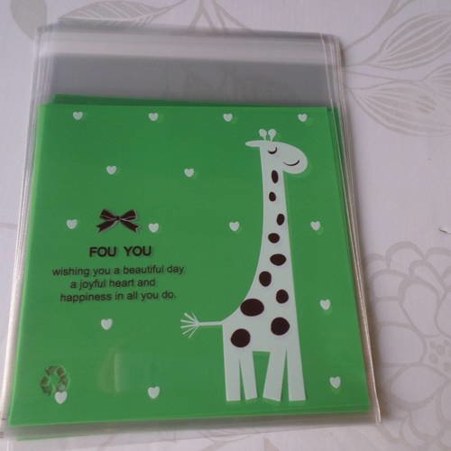 X 10 sachets/pochette adhésif vert motif girafe pour bonbon/gâteau en plastique 13 x 10 cm 
