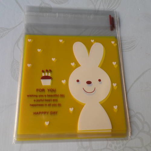 X 10 sachets/pochette adhésif jaune motif lapin pour bonbon/gâteaux en plastique 13 x 10 cm 