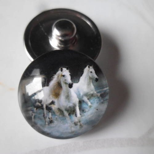 X 1 bouton pression(bijou)rond en verre motif chevaux 18 mm 