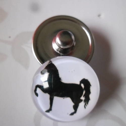 X 1 bouton pression(bijou)rond en verre motif cheval noir 18 mm 