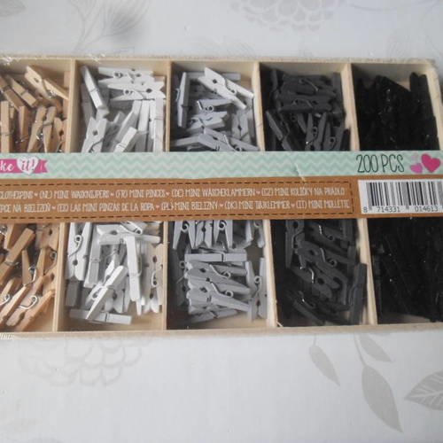 X 1 set de 200 mixte mini pinces à linge en bois 5 couleurs 25 x 10 mm 