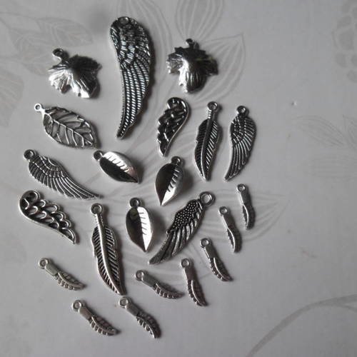 X 21 mixte pendentifs/breloque plume/feuille métal argenté 