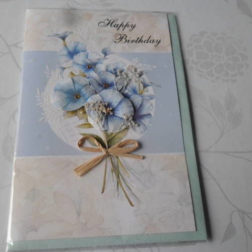 X 1 grande carte double 3d motif fleur ton bleu+enveloppe bleu 21 x 14 cm 