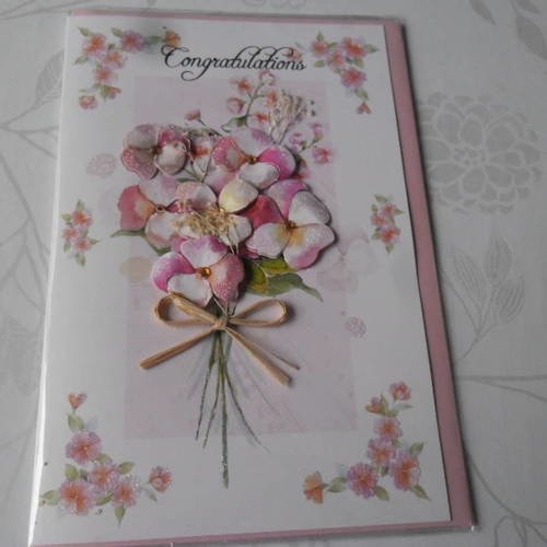 X 1 grande carte double 3d motif fleur ton rose/blanc+enveloppe rose 21 x 14 cm 