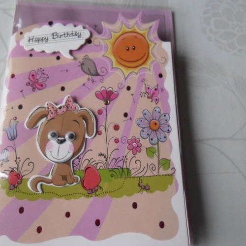 X 1 carte double 3d motif chien/fleur multicolore+enveloppe rose 18 x 12 cm 