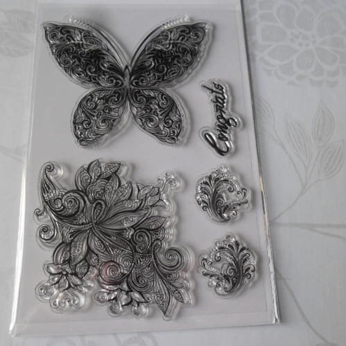X 1 planche de tampons clear stamps transparent divers dessin motif floral silicone 
