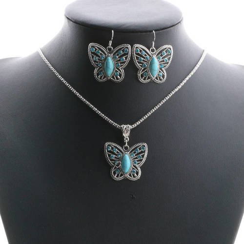 X 1 set collier/boucles d'oreilles motif papillon turquoise ton bleu métal argenté 
