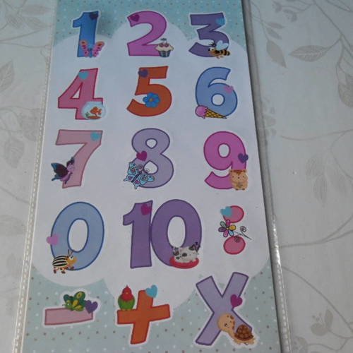X 1 planche de 15 mixte grands stickers autocollants chiffres à motif 