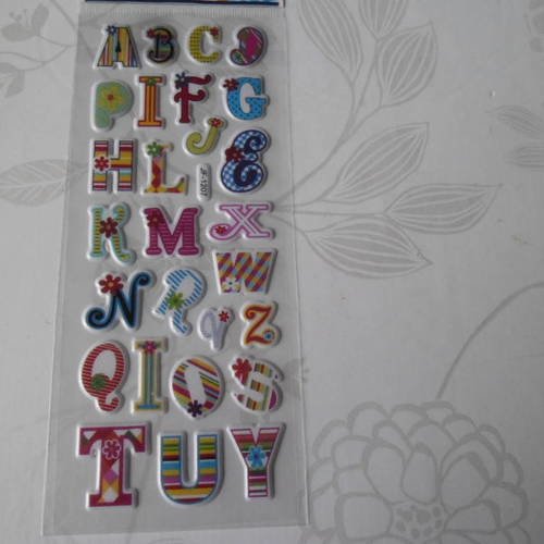 X 1 planche de stickers autocollants lettres/alphabet multicolore 3d plastifiés 
