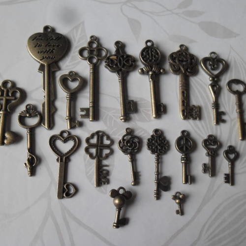 X 19 mixte pendentifs/breloque en forme de clés/clefs métal couleur bronze
