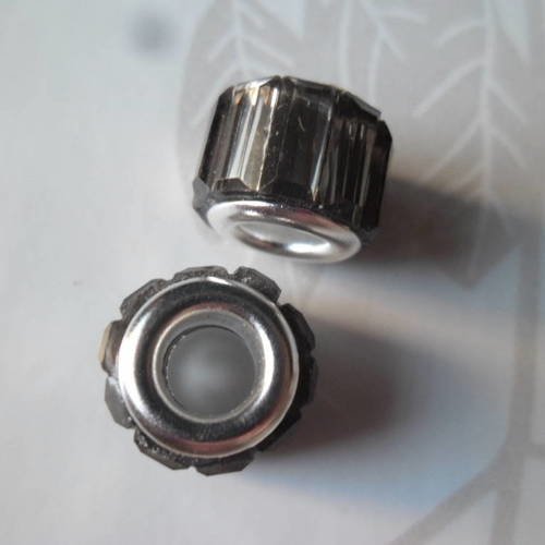 X 2 perles européenne en verre fond gris motif rayure 11 mm 