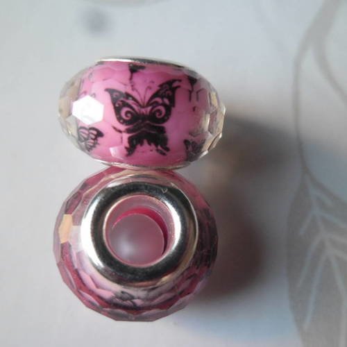 X 2 perles européenne en verre fond rose motif papillon 14 mm 