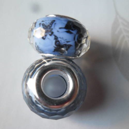 X 2 perles européenne en verre fond bleu motif papillon 14 mm 