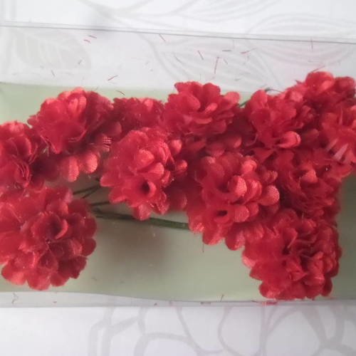 X 4 lots de 3 fleurs en tissu ton rouge sur tige en métal 