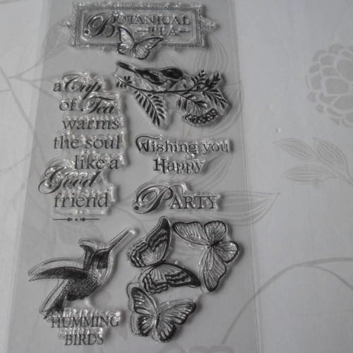 X 1 planche de tampons clear stamps transparent motif oiseaux/papillon avec inscription en silicone 