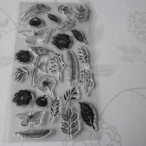 X 1 planche de tampons clear stamps transparent motif plume/papillon/fleur en silicone 