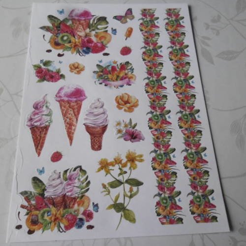 X 1 planche de stickers autocollants glaces/fruits pailleté multicolore 30 x 21 cm 