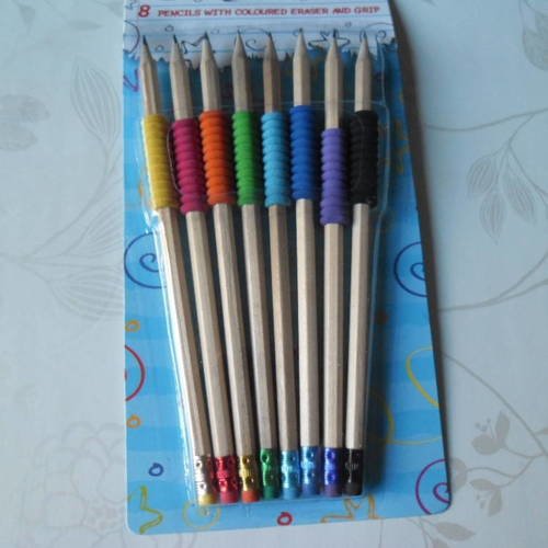 X 8 mixte crayons de papier bois à poignée+gomme 8 couleurs