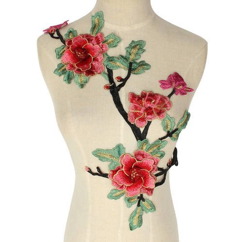 X 1 grande applique guipure col dentelle floral venise ton rose/rouge polyester 50 x 30 cm m12 