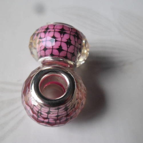 X 2 perles européen en verre ronde motif noir fond rose 14 mm 