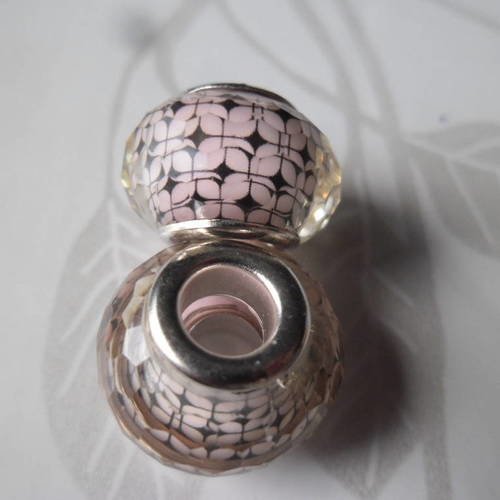 X 2 perles européen en verre ronde motif noir fond rose clair 14 mm 
