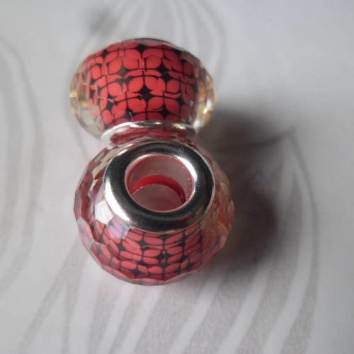 X 2 perles européen en verre ronde motif noir fond rouge 14 mm 