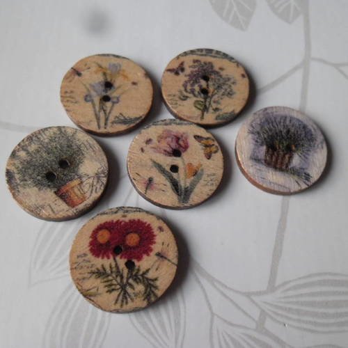 X 5 mixte boutons rond en bois motif fleur multicolore 2 trous 20 mm 