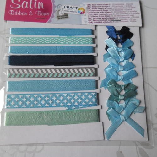 8 fois 1 mètre de ruban satin ton bleu à motif/uni+10 nœuds uni assortie en satin 