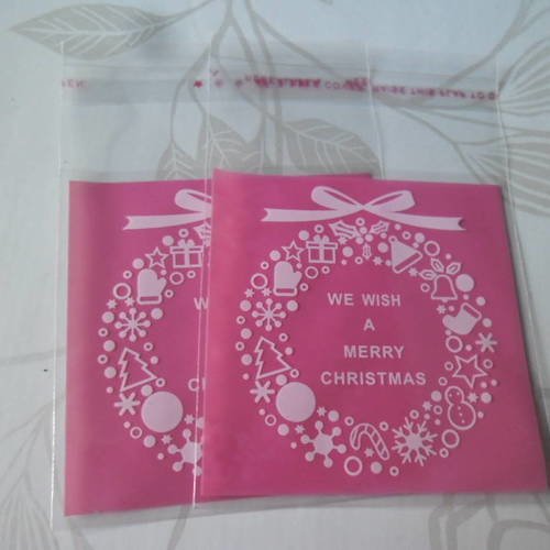 X 25 petits sachets/pochette/sac adhésif rose à motif noel blanc plastique 10 x 7 cm 