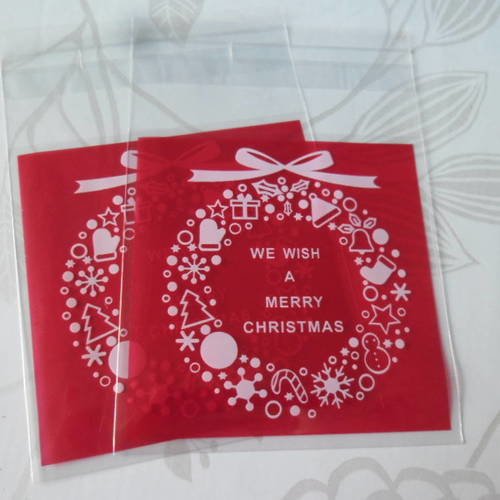X 25 petits sachets/pochette/sac adhésif rouge à motif noel blanc en plastique 10 x 7 cm 