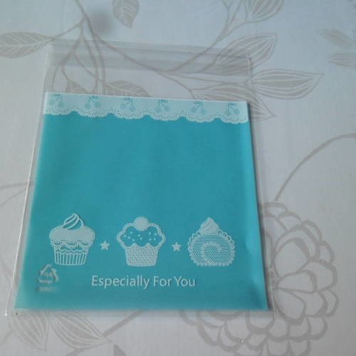 X 10 sachets/pochette/sac adhésif bleu à motif blanc pour gateaux/bonbon en plastique 14 x 10 cm 