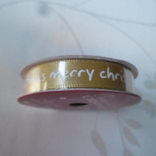 X 3 mètres de rubans noel doré à motif inscription"merry christmas"en blanc satin 10 mm 
