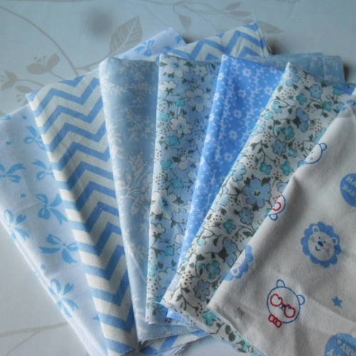 25 x 25 cm x 7 mixte coupons de tissus coton patchwork ton bleu à motif 