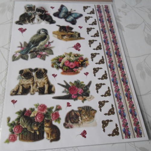 X 1 planche de mixte stickers autocollants vintage à motif animaux/fleurs pailleté multicolore 30 x 21 cm 