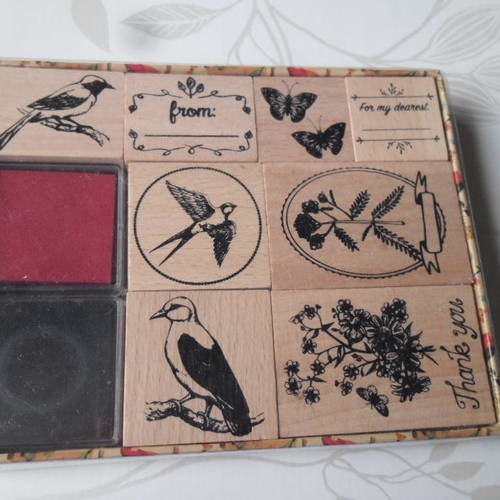 X 1 boite de tampons bois motif oiseau/fleur+2 encreurs rouge/noir 