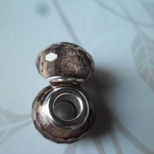 X 2 perles européen en verre ronde marron foncé pailleté 14 mm 