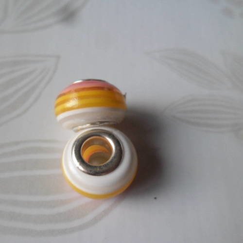X 2 perles en verre européen ronde motif rayure ton jaune/rose/blanc 14 mm 