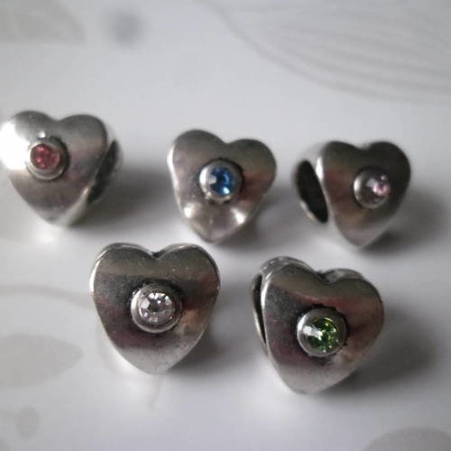X 5 mixte perles coeur strass métal argent vieilli 10 x 9 mm 