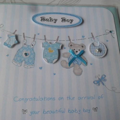 X 1 carte double naissance baby boys motif 3d ton bleu+enveloppe 15 x 15 cm 