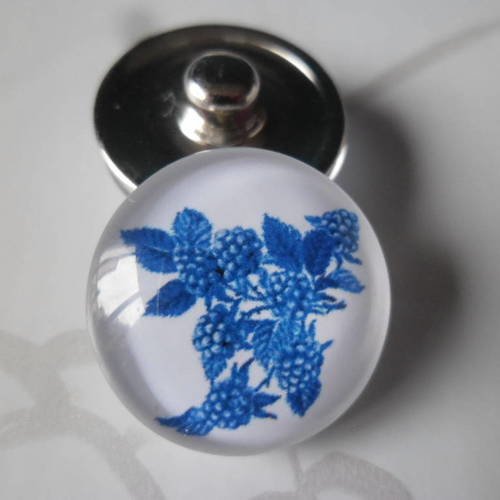 X 1 bouton pression(bijou)rond verre dome motif fleur bleu métal argenté n°9 