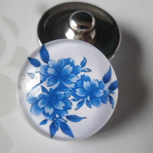 X 1 bouton pression(bijou)rond verre dome motif fleur bleu métal argenté 18 mm n°7 