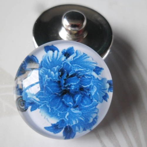 X 1 bouton pression rond verre dome motif fleur bleu métal argenté 18 mm n°1 